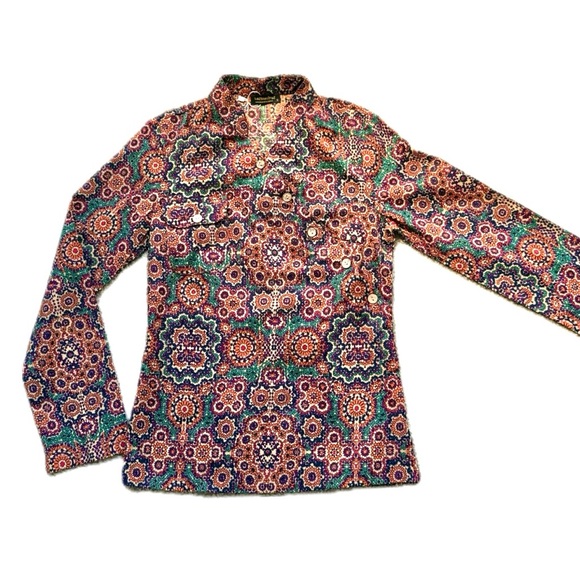 NWT Organic Cotton Boho Retro Floral Print Mandarin Collar Button Up Blouse Top - Picture 4 of 8